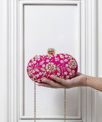 Pink silk hand embroidered clutch 1