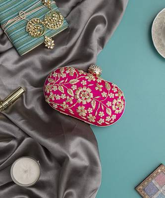 Pink silk hand embroidered clutch 2