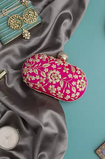 Pink silk hand embroidered clutch