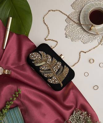 Black velvet hand embroidered leaf clutch 4