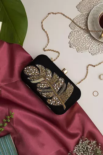 Black velvet hand embroidered leaf clutch