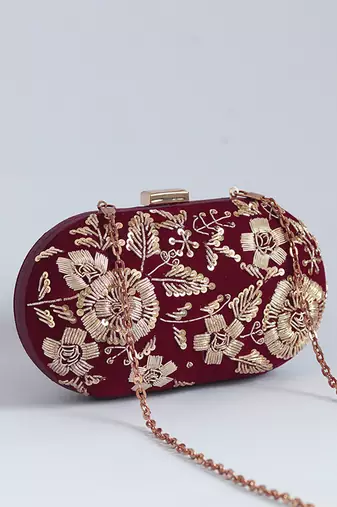 Red velvet zardozi hand embroidered clutch