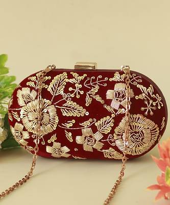 Red velvet zardozi hand embroidered clutch 5