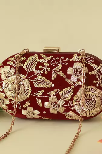 Red velvet zardozi hand embroidered clutch