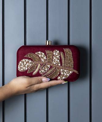 Red velvet hand embroidered leaf clutch 1