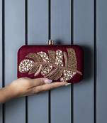 Red velvet hand embroidered leaf clutch