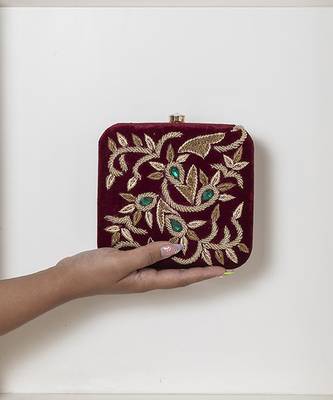 Red velvet sqaure hand embroidered clutch 1
