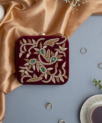 Red velvet sqaure hand embroidered clutch 2