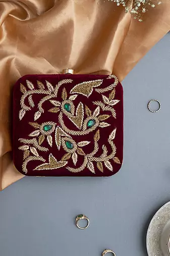 Red velvet sqaure hand embroidered clutch