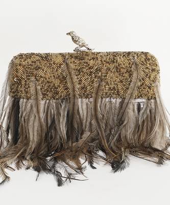 Gold silk feather hand embroidered clutch 1
