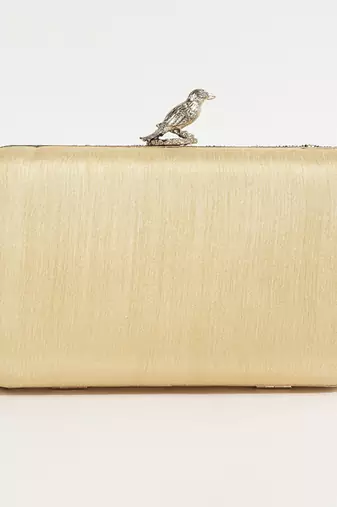 Gold silk feather hand embroidered clutch