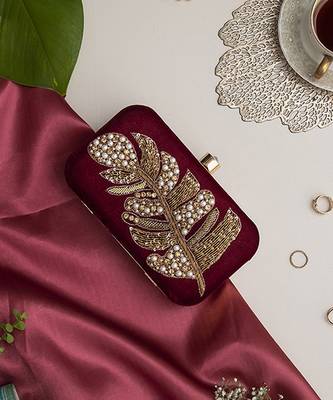 Red velvet hand embroidered leaf clutch 3