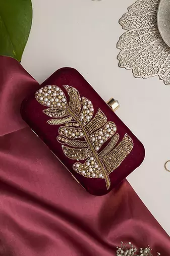 Red velvet hand embroidered leaf clutch