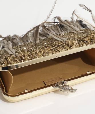 Gold silk feather hand embroidered clutch 3