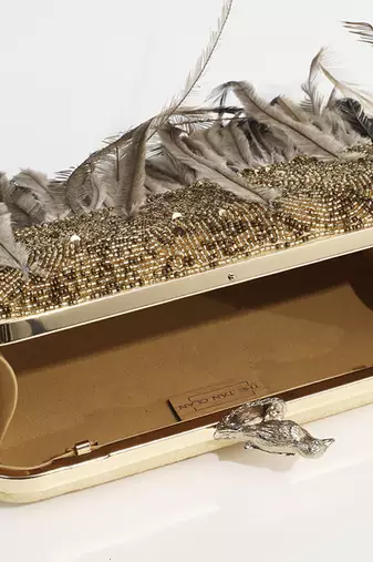 Gold silk feather hand embroidered clutch