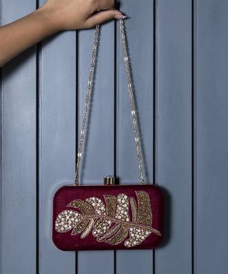 Red velvet hand embroidered leaf clutch 4