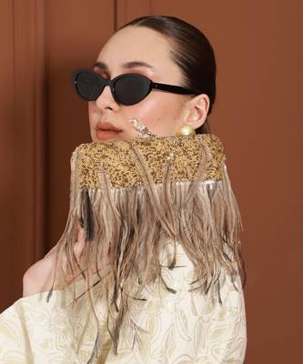 Gold silk feather hand embroidered clutch 4