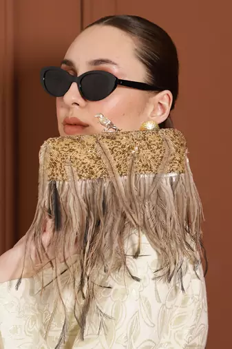 Gold silk feather hand embroidered clutch