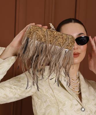 Gold silk feather hand embroidered clutch 5