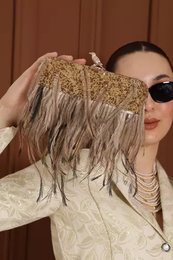 Gold silk feather hand embroidered clutch