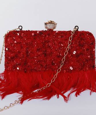 Red silk feather hand embroidered clutch 1