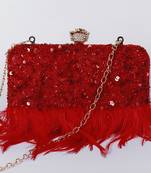 Red silk feather hand embroidered clutch