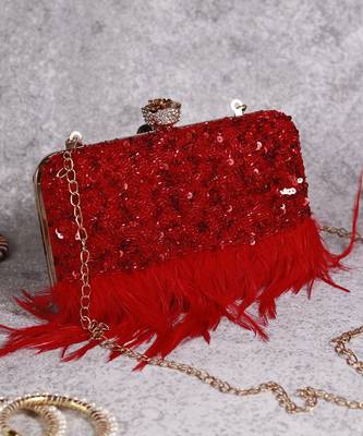 Red silk feather hand embroidered clutch 2