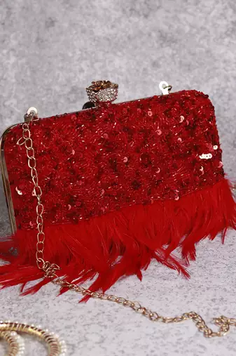 Red silk feather hand embroidered clutch