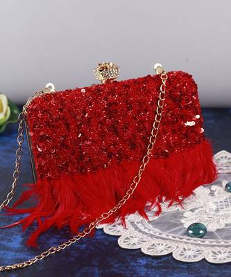 Red silk feather hand embroidered clutch 3