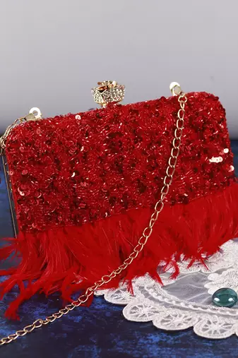 Red silk feather hand embroidered clutch