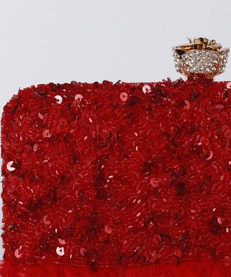 Red silk feather hand embroidered clutch 4