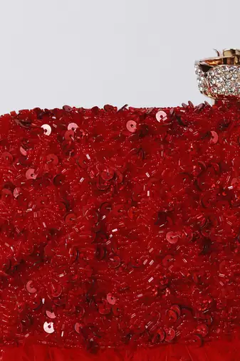 Red silk feather hand embroidered clutch