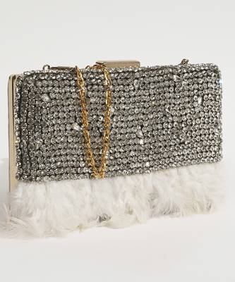 White silk feather hand embroidered clutch 1