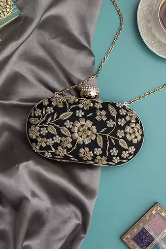 Black hand embroidered clutch