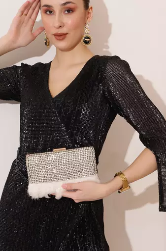 White silk feather hand embroidered clutch