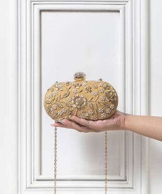 Gold hand embroidered silk clutch 1