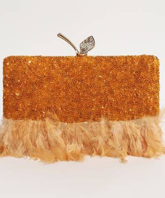 Orange silk feather hand embroidered clutch 1