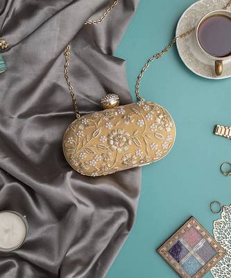 Gold hand embroidered silk clutch 2