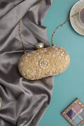 Gold hand embroidered silk clutch
