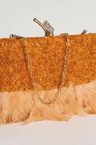 Orange silk feather hand embroidered clutch