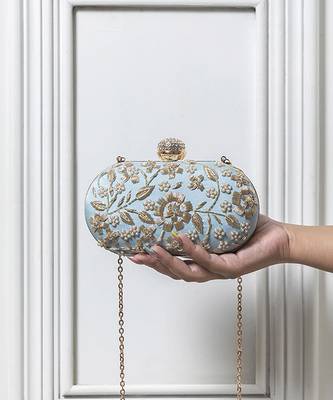 Blue silk hand embroidered clutch with floral design 1