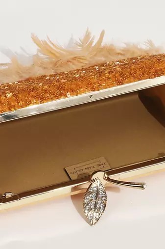 Orange silk feather hand embroidered clutch