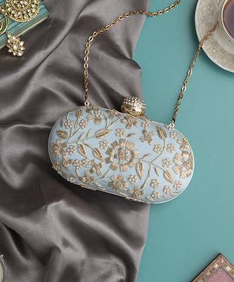 Blue silk hand embroidered clutch with floral design 2