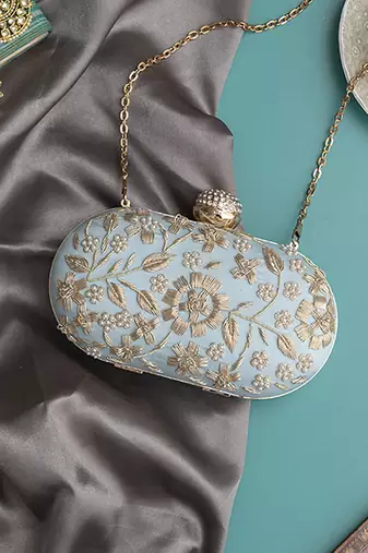 Blue silk hand embroidered clutch with floral design