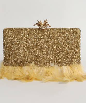 Hand embroidered gold silk feather clutch 1