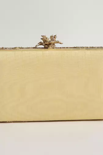 Hand embroidered gold silk feather clutch