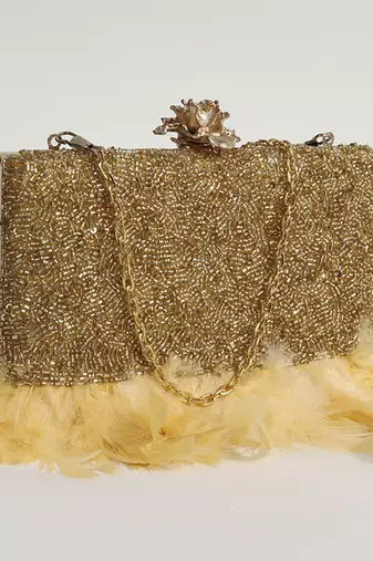 Hand embroidered gold silk feather clutch