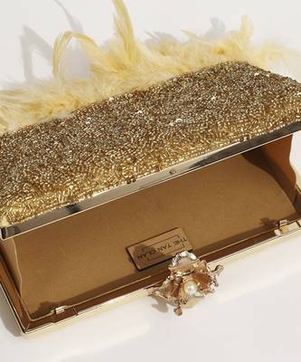 Hand embroidered gold silk feather clutch 4