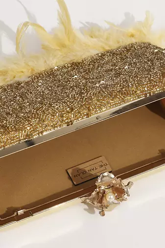 Hand embroidered gold silk feather clutch