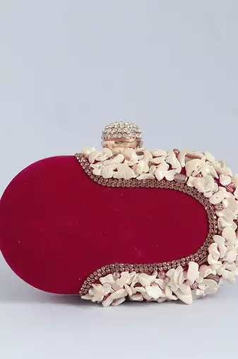 Red velvet sea shells hand embroidered clutch